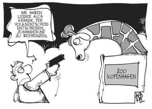 Cartoon: Zuwanderung (medium) by Kostas Koufogiorgos tagged karikatur,illustration,cartoon,koufogiorgos,zoo,kopenhagen,giraffe,zuwanderung,tier,zucht,volksentscheid,tötung,tierschutz,karikatur,illustration,cartoon,koufogiorgos,zoo,kopenhagen,giraffe,zuwanderung,tier,zucht,volksentscheid,tötung,tierschutz