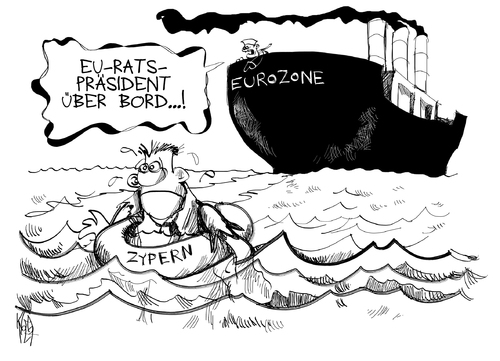 Cartoon: Zypern (medium) by Kostas Koufogiorgos tagged zypern,ratspräsident,schiff,rettung,euro,schulden,krise,rettungsschirm,europa,karikatur,kostas,koufogiorgos,zypern,ratspräsident,rettung,schulden,krise,rettungsschirm,europa