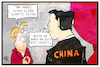Cartoon: Merkel in China (small) by Kostas Koufogiorgos tagged karikatur,koufogiorgos,illustration,cartoon,merkel,china,xi,kopie,beziehung,bilateral,deutschland