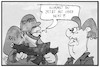 Cartoon: Pompeo in Berlin (small) by Kostas Koufogiorgos tagged karikatur,koufogiorgos,illustration,cartoon,pompeo,merkel,krieg,iran,militär,konflikt,usa