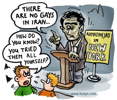 Cartoon: Cartoon about Ahmadinejad (medium) by illustrator tagged satire,cartoon,iranian,president,ahmadinejad,speech,new,york,gays,homo,talk,lecture,homosexuell,gesprächsvortrag,sprache,präsident,satireen,karikatur,iranischer,gay,mahmud ahmadinedschad,politiker,iran,präsident,islam,religion,new york,staatsbesuch,besuch,rede,ansprache,redner,homosexualität,schwul,homo,diskriminierung,geschlecht,voruteil,gesellschaft,kultur,sexualität,wut,ärger,usa