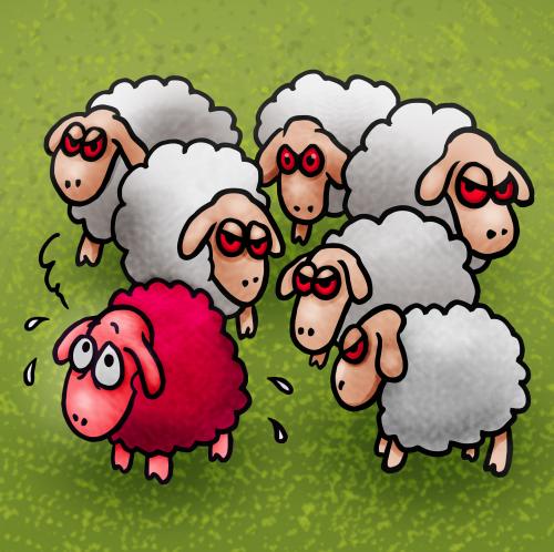 Cartoon: Gay Sheep (medium) by illustrator tagged gay,sheep,discrimination,leftover,leftout,hate,queer,pink,meadow,stress,cartoon,illustration,illustratior,peter,welleman,gag,satire