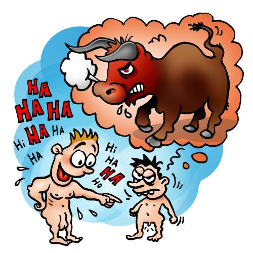 Cartoon: Irritation (medium) by illustrator tagged dick,bull,size,laughing,laughter,angry,irritation,upset,naked,small,cartoon,satire,illustration,peter,welleman,illustrator,cartoonist,comic,cartoon,cartoons,homosexualität,homosexuell,sexualität,sex,männer,mann,schwul,schwule,potenz,geschlechtsteil,penis,glied,größe,klein,groß,auslachen,schadenfreude,wut,frust,sauer,wütend,bulle,stier,illustration,illustrationen