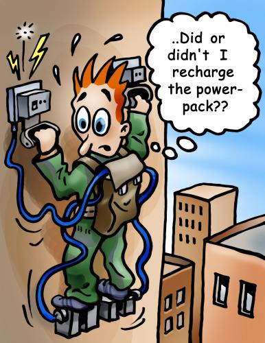 Cartoon: Powerpack climber (medium) by illustrator tagged wall,climbing,power,pack,attach,stuck,failure,forgot,memory,wondering,sky,satire,cartoon,illustration,welleman,gag,comic,electric
