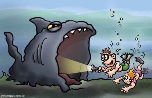 Cartoon: Safe inside (medium) by illustrator tagged shark,swim,swimmers,dive,divers,torch,refuge,explore,cartoon,welleman,,hai,fisch,haifisch,meer,wasser,tauchen,taucher,sport,höhle,grotte,zuflucht,gebiss,kiefer,gefahr,neugierde,entdeckung,leichtsinn