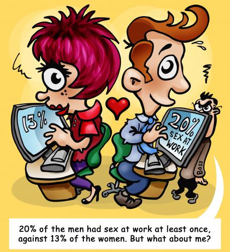 Cartoon: Sex at the office (medium) by illustrator tagged love,romance,attraction,lust,boss,manager,work,office,computer,percentage,statistics,cartoon,illustration,sex,liebe,online,www,web,communities,computer,rechner,arbeit,job,karriere,beruf,mann,frau,online dating,dating