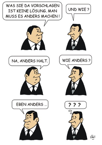 Cartoon: Anders machen (medium) by JotKa tagged berufe,berufsleben,chef,politiker,opposition,parteien,politischer,gegner,lösungen,phrasen,argumente,regierung,koaltionen,krisen,berufe,berufsleben,chef,politiker,opposition,parteien,politischer,gegner,lösungen,phrasen,argumente,regierung,koaltionen,krisen