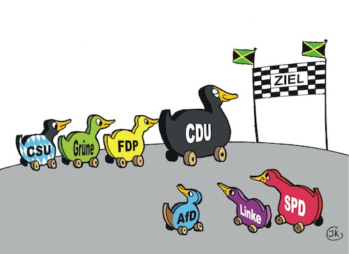 Cartoon: Auf der Zielgeraden? (medium) by JotKa tagged bundestagswahl,2017,koalitionen,sondierungen,differenzen,sondierunggespräche,neuwahlen,cdu,csu,fdp,grüne,regierungsbildung,bundesregierung,jamaika,jamaikakoalition,spitzengespräch,bundestagswahl,2017,koalitionen,sondierungen,differenzen,sondierunggespräche,neuwahlen,cdu,csu,fdp,grüne,regierungsbildung,bundesregierung,jamaika,jamaikakoalition,spitzengespräch