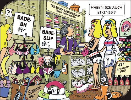 Cartoon: Bademode (medium) by JotKa tagged bademode,bikini,sonne,strand,urlaub,ferien,geschäfte,handel,frauen,blondinen,textilien,mode