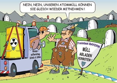 Cartoon: Bayern und der Atommüll (medium) by JotKa tagged atom,atomkraft,atommüll,brennstäbe,castor,sellafield,lehaque,wiederaufbereitungsanlagen,endlager,zwischenlager,bayern,berlin,seehofer,atomkraftwerke,umweltministerium,csu,grüne,politiker,parteien,landesregierung,umwelt,umweltschutz,atom,atomkraft,atommüll,brennstäbe,castor,sellafield,lehaque,wiederaufbereitungsanlagen,endlager,zwischenlager,bayern,berlin,seehofer,atomkraftwerke,umweltministerium,csu,grüne,politiker,parteien,landesregierung,umwelt,umweltschutz