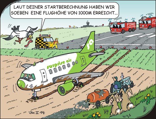 Cartoon: Berechnungen (medium) by JotKa tagged flugzeug,fliegen,starten,landen,flughafen,startbahn,landebahn,urlaub,reisen,sonne,strand,meer,feuerwehr,flugsicherung,aufsicht,acker,feld,bauer,landwirt,trecker,jauche,gülle,düngen,hasen,vögel,würmer,wurm,vogel,hase,beleuchtung,tower,fluggesellschaft,reiseveranstalter,notfall,rettung,unfall,glück,pech,traktor,landwirtschaft,ackerbau,lampe,lichter,blaulicht,sirene,pilot,copilot,berechnungen,überraschung,triebwerke,motoren,fluglotsen,surprise,air