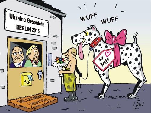 Cartoon: Berlinbesuch (medium) by JotKa tagged eu,russland,krim,ukrainegespräche,geschenke,einladungen,hunde,normandierunde,ukrainekonferenz,ukrainekrise,poroschenkow,ukraine,hollande,merkel,berlin,in,putin,nato,putin,merkel,hollande,ukraine,poroschenkow,ukrainekrise,ukrainekonferenz,normandierunde,hunde,einladungen,geschenke,ukrainegespräche,krim,russland,eu,nato