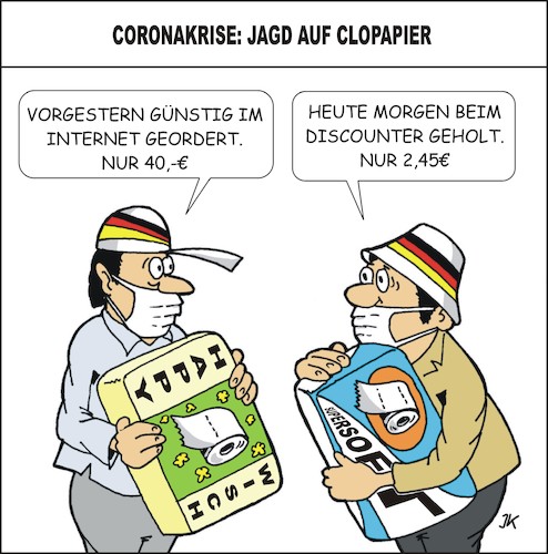 Cartoon: Clopapierjäger (medium) by JotKa tagged hamsterkäufe,clopapier,toilettenpapier,panik,internet,abzocke,corona,virus,covit19,discounter,engpässe,hamsterkäufe,clopapier,toilettenpapier,panik,internet,abzocke,corona,virus,covit19,discounter,engpässe