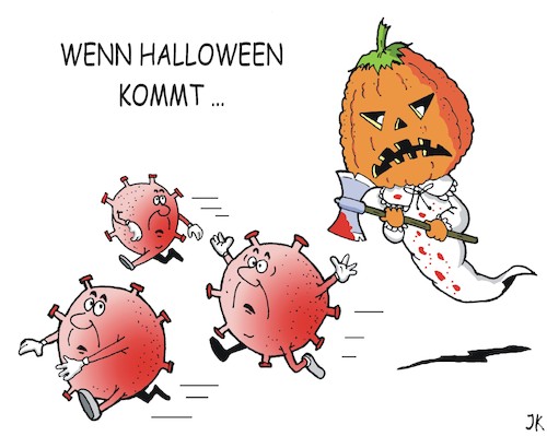 Cartoon: Corona vs Halloween (medium) by JotKa tagged halloween,kürbis,kürbiskopf,geister,spuk,party,corona,covid19,axt,beil,feiern,angst,halloween,kürbis,kürbiskopf,geister,spuk,party,corona,covid19,axt,beil,feiern,angst