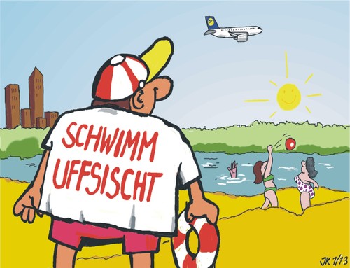 Cartoon: Damals in Frankfort (medium) by JotKa tagged waldsee,strand,aufsicht,badesee,schwimmen,dialekt,südhessen,frankfurt