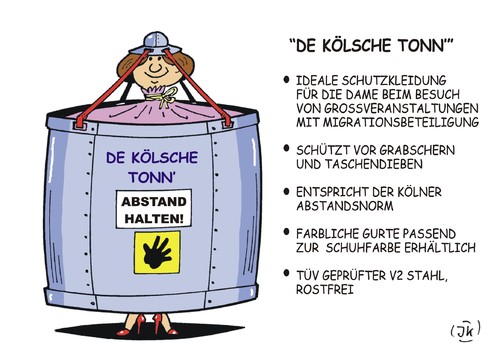 Cartoon: De Kölsche Tonn (medium) by JotKa tagged köln,silvester,hauptbahnhof,krawalle,belästigung,vergewaltigung,verbrechen,migranten,nordafrika,arabien,polizei,polizeipräsident,oberbürgermeisterin,presse,maulkorb,vertuschen,mode,schutz,kleidung,schuhe,fremdenfeindlichkeit,extremisten,parteien,asyl,abschiebung,übergriffe,köln,silvester,hauptbahnhof,krawalle,belästigung,vergewaltigung,verbrechen,migranten,nordafrika,arabien,polizei,polizeipräsident,oberbürgermeisterin,presse,maulkorb,vertuschen,sex,mode,schutz,kleidung,schuhe,fremdenfeindlichkeit,extremisten,parteien,asyl,abschiebung,übergriffe