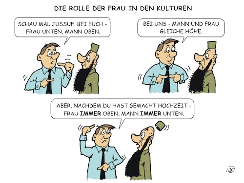 Cartoon: Die Rolle der Frau (medium) by JotKa tagged beziehungen,geschlechter,mann,frau,er,sie,liebe,erotik,gesellschaft,islam,moslems,religionen,emanzipation,unterdrückung,gleichstellung,heirat,ehe,beziehungen,geschlechter,mann,frau,er,sie,liebe,sex,erotik,gesellschaft,islam,moslems,religionen,emanzipation,unterdrückung,gleichstellung,heirat,ehe