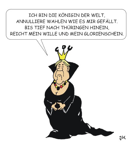 Cartoon: Die schwarze Königin (medium) by JotKa tagged merkel,cdu,thüringen,wahlen,annulierungen,afd,fdp,tabus,grenzen,königin,politik,allmacht,parteien,ausgrenzungen,landtagswahlen,landtag,merkel,cdu,thüringen,wahlen,annulierungen,afd,fdp,tabus,grenzen,königin,politik,allmacht,parteien,ausgrenzungen,landtagswahlen,landtag