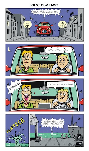 Cartoon: Folge dem Navi (medium) by JotKa tagged auto,autofahrer,kraftfahrzeuge,straßen,navi,connected,car,hafen,wasser,unfall,mann,frau,comic,auto,autofahrer,kraftfahrzeuge,straßen,navi,connected,car,hafen,wasser,unfall,mann,frau,comic