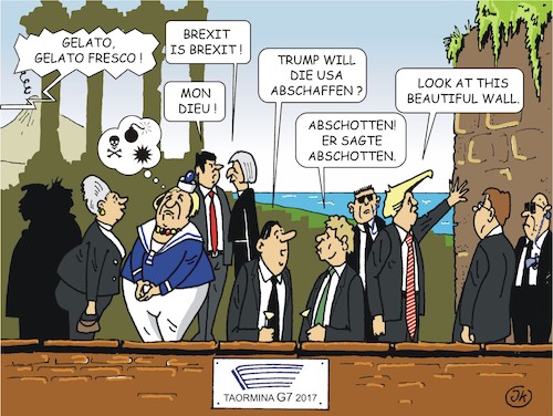 Cartoon: Gipfelpause (medium) by JotKa tagged taormina,g7,weltwirtschaftsgipfel,merkel,trump,politik,wirtschaft,diplomaten,politiker,taormina,g7,weltwirtschaftsgipfel,merkel,trump,politik,wirtschaft,diplomaten,politiker