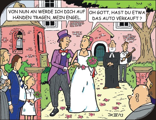 Cartoon: Hochzeit (medium) by JotKa tagged hochzeit,kirche,pastor,pfarrer,glocken,hochzeitsglocken,beziehung,frau,geld,auto,mann,liebe,ehe,engel