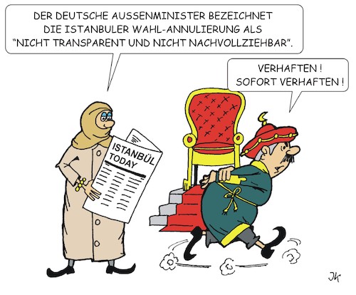 Cartoon: Istanbulwahl (medium) by JotKa tagged istanbul,wahlen,bürgermeister,wahlwiederholung,wahlannulierung,demokratie,wahlfäschungen,politiker,parteien,erdogan,maas,minister,kritik,ausland,istanbul,wahlen,bürgermeister,wahlwiederholung,wahlannulierung,demokratie,wahlfäschungen,politiker,parteien,erdogan,maas,minister,kritik,ausland