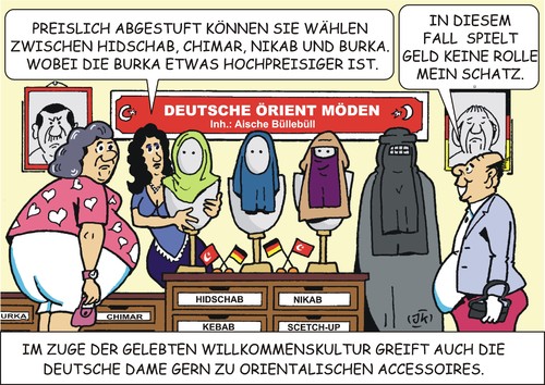 Cartoon: Modetrends (medium) by JotKa tagged mode,accessoires,orient,willkommenskultur,immigration,burka,kleidung,hidschab,chimar,nikab,geld,ehe,mann,frau,liebe,hass,beziehungen,politik,einwanderung,wir,schaffen,das,mode,accessoires,orient,willkommenskultur,immigration,burka,kleidung,hidschab,chimar,nikab,geld,ehe,mann,frau,liebe,hass,beziehungen,politik,einwanderung,wir,schaffen,das