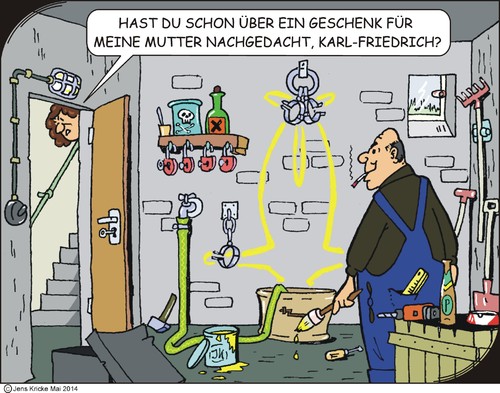 Cartoon: Muttertag (medium) by JotKa tagged muttertag,schwiegermutter,schwiegersohn,frust,zorn,rache,hinterlistig,falsch,bevormundung,besserwisser,mann,frau,ehemann,ehefrau,keller,folter,ketten,handschellen,gift,farbe,eimer,wanne,schlauch,geschenk,feier,party,feste,muttertag,schwiegermutter,schwiegersohn,frust,zorn,rache,hinterlistig,falsch,bevormundung,besserwisser,mann,frau,ehemann,ehefrau,keller,folter,ketten,handschellen,gift,farbe,eimer,wanne,schlauch,geschenk,feier,party,feste,heimwerker,bastelkeller,ehe