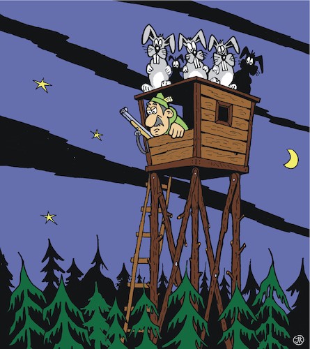 Cartoon: Neulich auf dem Hochsitz (medium) by JotKa tagged jagd,jäger,waidmann,waidwerk,natur,wald,bäume,tannen,hochsitz,hasen,wild,tiere,jagd,jäger,waidmann,waidwerk,natur,wald,bäume,tannen,hochsitz,hasen,wild,tiere