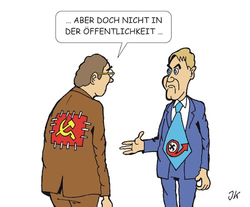 Cartoon: Neulich in Erfurt (medium) by JotKa tagged höcke,ramelow,erfurt,ministerpräsident,wahlen,linke,afd,kommunisten,sed,rechte,rechtsradikale,bündnisse,koalitionen,hinterzimmer,politik,politiker,scheinheilig,höcke,ramelow,erfurt,ministerpräsident,wahlen,linke,afd,kommunisten,sed,rechte,rechtsradikale,bündnisse,koalitionen,hinterzimmer,politik,politiker,scheinheilig