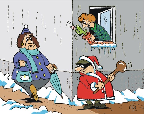 Cartoon: Nix als Pech (medium) by JotKa tagged überfall,räuber,diebe,gangster,winter,schnee,weihnachten,weihnachtsmann,blumentopf,kaktus,männer,frauen,pech,unglück,regenschirm,maske