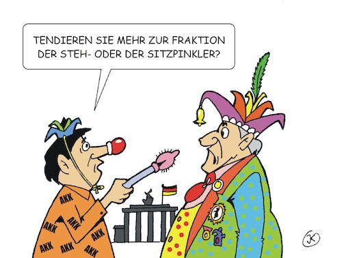 Cartoon: Pinkler (medium) by JotKa tagged bundestag,berlin,abgeordnete,politiker,toiletten,gender,latte,macciato,fraktion,fraktionen,büttenrede,annegret,kramp,karrenbauer,empöhrungsgesellschaft,moralisten,bundestag,berlin,abgeordnete,politiker,toiletten,gender,latte,macciato,fraktion,fraktionen,büttenrede,annegret,kramp,karrenbauer,empöhrungsgesellschaft,moralisten