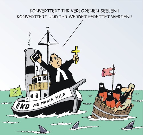 Cartoon: Rettungsmissionar (medium) by JotKa tagged kirche,missionare,mission,rettungsmission,migration,sclepper,schleuser,europa,flüchtlingskrise,politik,politiker,abkommen,kirche,missionare,mission,rettungsmission,migration,sclepper,schleuser,europa,flüchtlingskrise,politik,politiker,abkommen