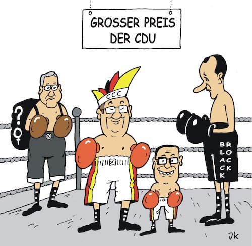 Cartoon: Ring frei (medium) by JotKa tagged cdu,partei,parteivorsitz,kandidaten,norbert,röttgen,armin,laschet,friedrich,merz,jens,spahn,cdu,partei,parteivorsitz,kandidaten,norbert,röttgen,armin,laschet,friedrich,merz,jens,spahn