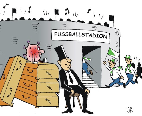 Cartoon: Russisch Roulette (medium) by JotKa tagged fussball,ballsport,bundesliga,corona,coronaregeln,sport,zuschauer,fussball,ballsport,bundesliga,corona,coronaregeln,sport,zuschauer