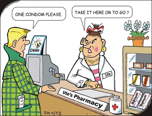 Cartoon: Sales pitch (medium) by JotKa tagged sales,pitch,pharmacy,condom,man,woman,love,friendship,sex,erotic,misunderstanding