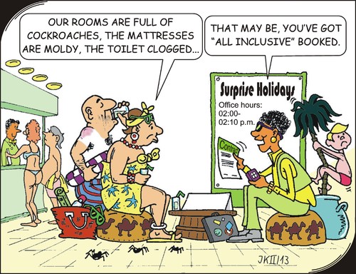 Cartoon: All inclusive (medium) by JotKa tagged touroperator,guide,tour,leisure,sea,beach,sun,adventure,litter,cleaning,room,dirty,foo,bad,expensive,vermin,dirt,hotelroom,holiday