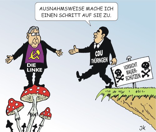 Cartoon: Tabubruch (medium) by JotKa tagged thüringen,landtag,landtagswahl,ministerpräsident,ministerpräsidentenwahl,bodo,ramelow,linke,cdu,tabubruch,grenzen,brandmauern,glaubwürdigkeit,bundes,merkel,abmachungen,koalitionen,unterstützung,sed,mauerschützen,stasi,thüringen,landtag,landtagswahl,ministerpräsident,ministerpräsidentenwahl,bodo,ramelow,linke,cdu,tabubruch,grenzen,brandmauern,glaubwürdigkeit,bundes,merkel,abmachungen,koalitionen,unterstützung,sed,mauerschützen,stasi