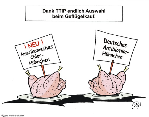 Cartoon: TTIP (medium) by JotKa tagged ttip,ceta,handelsabkommen,usa,europa,eu,lebensmittel,chlor,antibiotika,schutz,hähnchen,hühnchen,mast,mastanlagen,mastställe