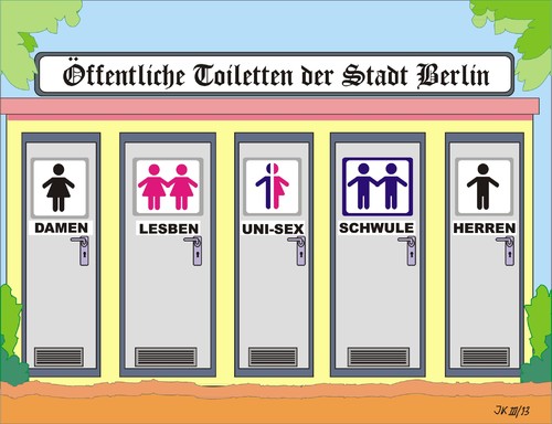 Cartoon: Uni-Sex WC (medium) by JotKa tagged deutschland,armes,gleichstellung,mainstreaming,gender,geschlechterrolle,unentschlossene,sexuell,geschlecht,bezirksregierung,politik,wowereit,friedrichshain,kreuzberg,steuergelder,berlin