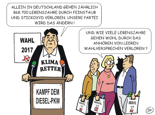 Cartoon: Wahlkampfthema Diesel PKW (medium) by JotKa tagged diesel,pkw,abgase,stickoxyd,feinstaub,umweltbelastung,fahrverbote,lebensjahre,abwrackprämien,schwefel,hysterie,klimawandel,umweltbilanz,wahlkampf,wahlversprechen,politiker,parteien,bundestagswahl,wahlgeschenke,automobilindustrie,diesel,pkw,abgase,stickoxyd,feinstaub,umweltbelastung,fahrverbote,lebensjahre,abwrackprämien,schwefel,hysterie,klimawandel,umweltbilanz,wahlkampf,wahlversprechen,politiker,parteien,bundestagswahl,wahlgeschenke,automobilindustrie