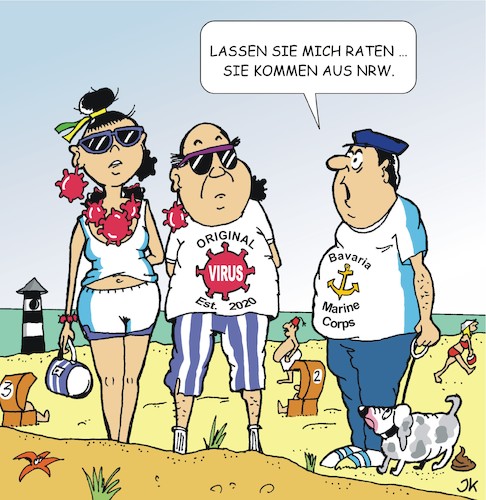 Cartoon: Wenn sich Touristen treffen (medium) by JotKa tagged urlaub,ferien,reisen,tourismus,touristen,virus,corona,lockdown,label,mode,strand,meer,mann,frau,urlaub,ferien,reisen,tourismus,touristen,virus,corona,lockdown,label,mode,strand,meer,mann,frau