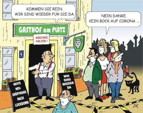 Cartoon: Wenn Wirte wieder öffnen (medium) by JotKa tagged corona,corfonavirus,covid19,pandemie,lockdown,wiedereröffnung,gastronomie,gäste,wirte,restaurants,keipen,gesellschaft,ängste,bedenken,gesundheit,corona,corfonavirus,covid19,pandemie,lockdown,wiedereröffnung,gastronomie,gäste,wirte,restaurants,keipen,gesellschaft,ängste,bedenken,gesundheit