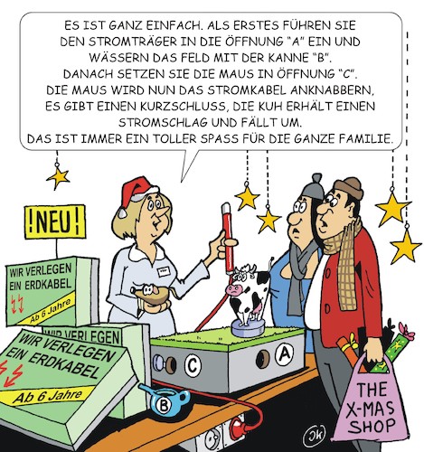 Cartoon: Wir verlegen ein Erdkabel (medium) by JotKa tagged erdkabel,startstrom,kuh,maus,weihnachten,weihnachtsgeschenke,spielwaren,shopping,geschenke,handel,verkauf,kinder,eltern,oma,opa,erdkabel,startstrom,kuh,maus,weihnachten,weihnachtsgeschenke,spielwaren,shopping,geschenke,handel,verkauf,kinder,eltern,oma,opa