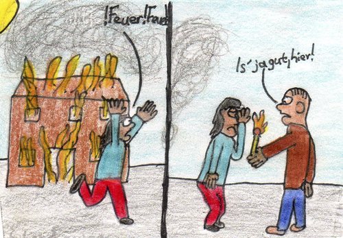 Cartoon: Feuer! (medium) by Salatdressing tagged feuer,streichholz,gut,blöd,dumm,brennen,brand,haus,flüchten,renn,fliehen,tod,flammen,hilfe