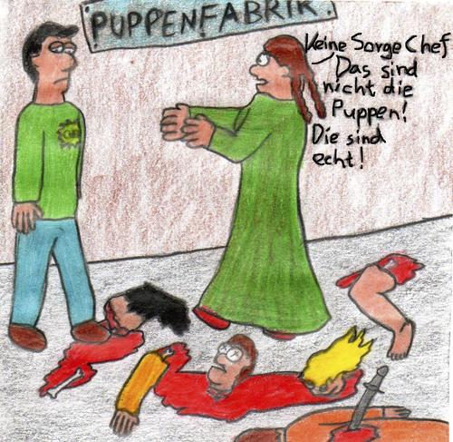 Cartoon: Puppenfabrik (medium) by Salatdressing tagged besorgt,sorge,arbeitgeber,mord,blut,brutal,angestellte,arbeit,chef,fabrik,puppen,puppenfabrik,farbzeichnung,cartoon