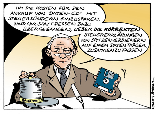 Cartoon: Steuer CDs (medium) by Micha Strahl tagged micha,strahl,steuercd,steuerflucht,finanzminister,schäuble,datenankauf,steuerflucht,finanzminister,schäuble,datenankauf,daten,datenhandel,steuern