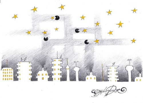 Cartoon: Air pollution swallows stars (medium) by CIGDEM DEMIR tagged star,sky,air,pollution,night,city,buildings,swallow