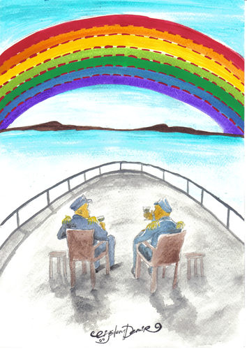 Cartoon: colors need boundaries (medium) by CIGDEM DEMIR tagged sea,rainbow,color,soldier,boundary,ship,red,sky
