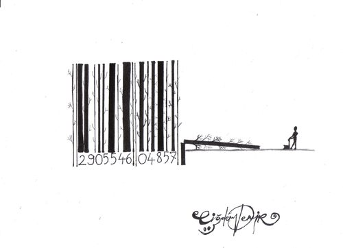 Cartoon: Losing our forests (medium) by CIGDEM DEMIR tagged losing,forest,environment,people,man,tree,barcode